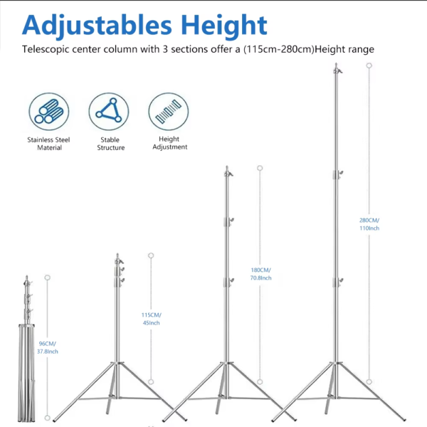 2 Packs 110"/2.8M Stainless Steel Light Stand Spring Cuioned Heavy Duty Tripod Stand Speedlight Strobe Light Softbox Umbrella - Image 4